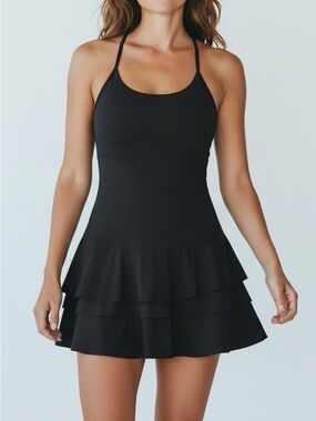 Aerie Offline Maggie Black Ruffle Athletic Tennis Mini Black Dress